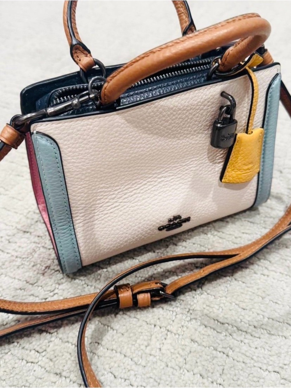 Coach Colorblock Leather Mini Satchel - Cream, Blue, Yellow, Tan